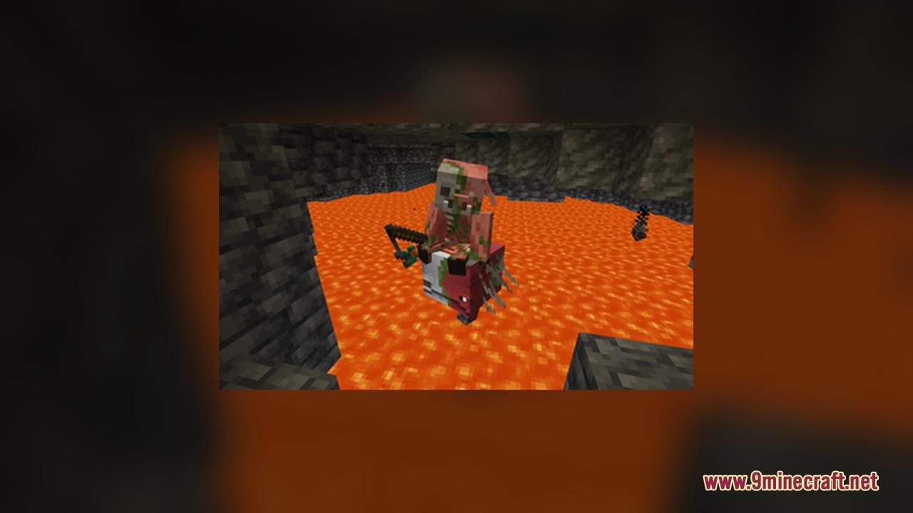 StriderZ Resource Pack Screenshot 6 Zombified piglin riding a decaying strider on a large lake of lava