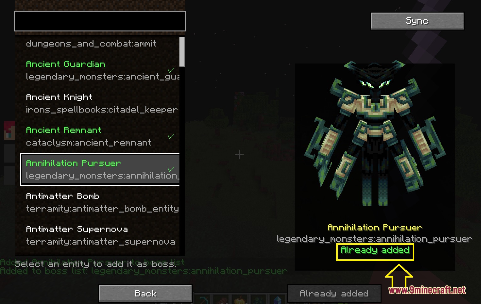Boss management interface for adding specific mobs to the combat tracking list