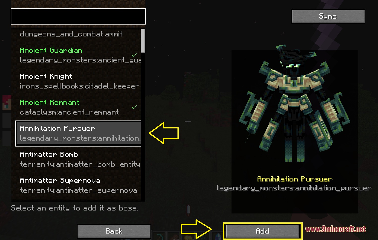 A menu for adding boss entities to the Strike Stream Gauge list