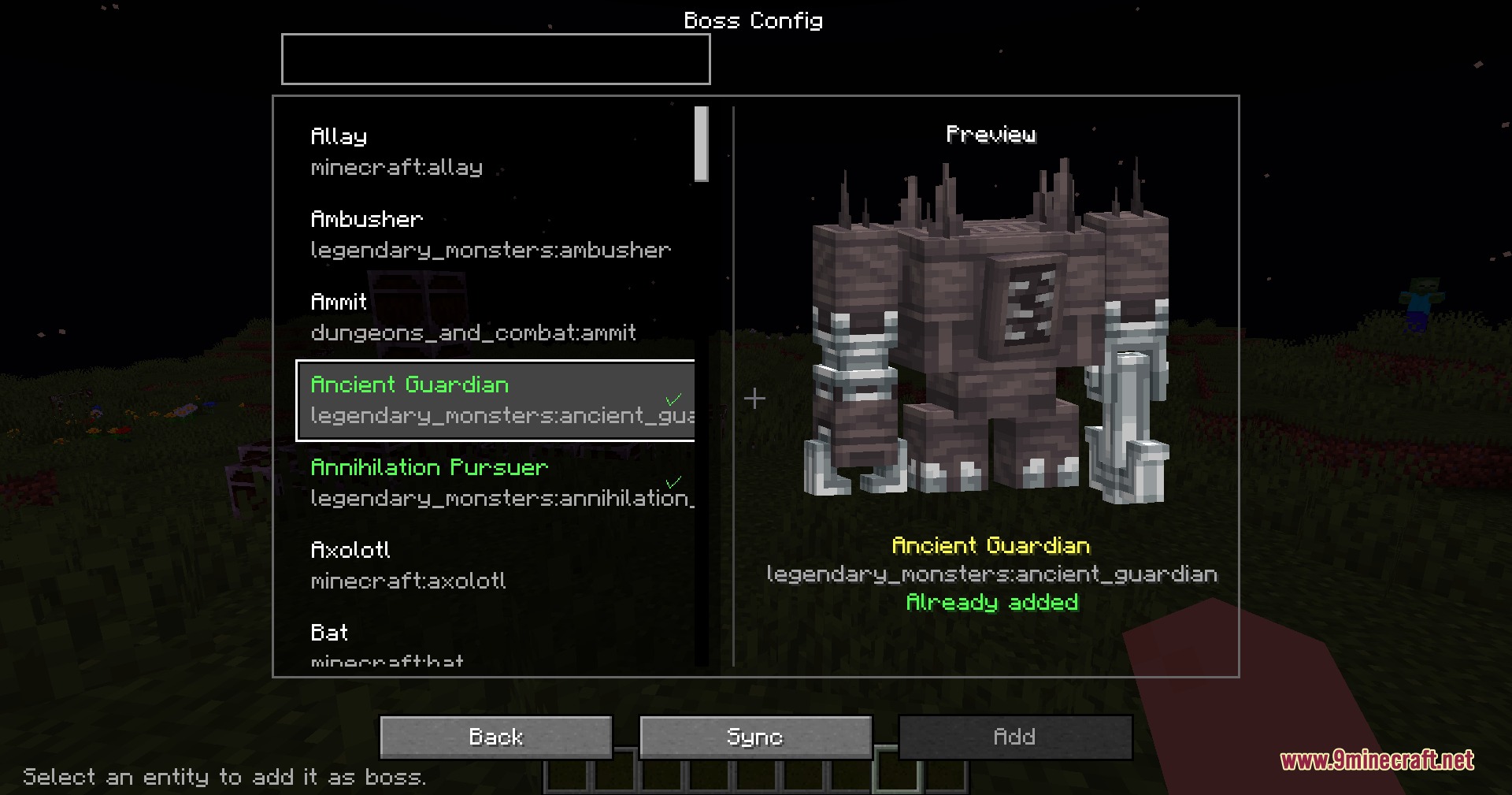 Selecting an Ancient Guardian entity in the Strike Stream Gauge boss configuration menu