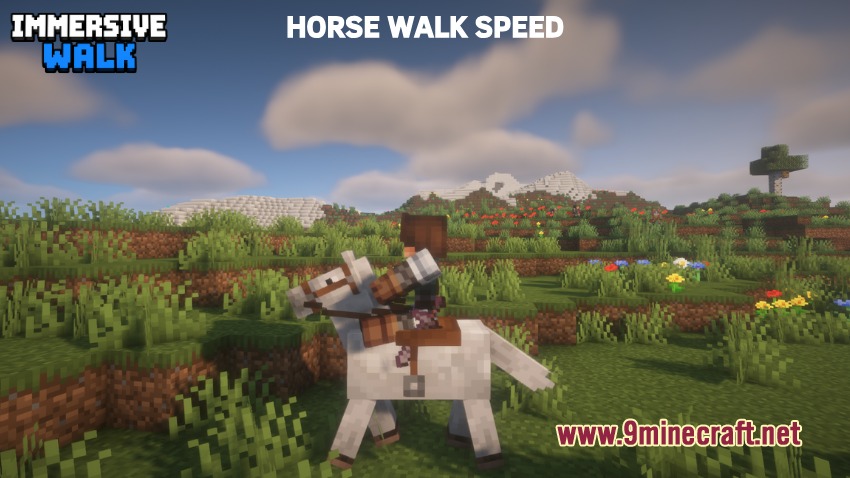 A player riding a white horse at a slow walking speed