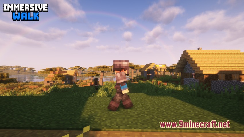 A character walking slowly through a village under a bright rainbow