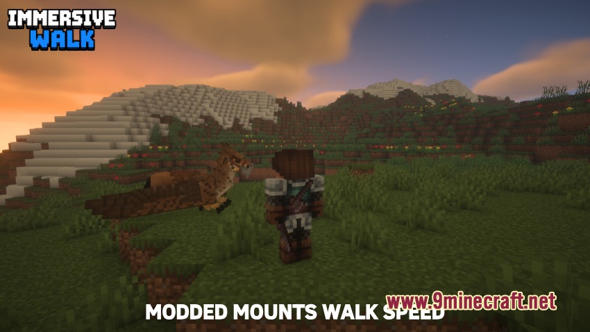 A player character stands near a modded winged mount in a field at sunset