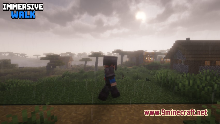 A player character walks slowly through a rainy village in the savanna biome