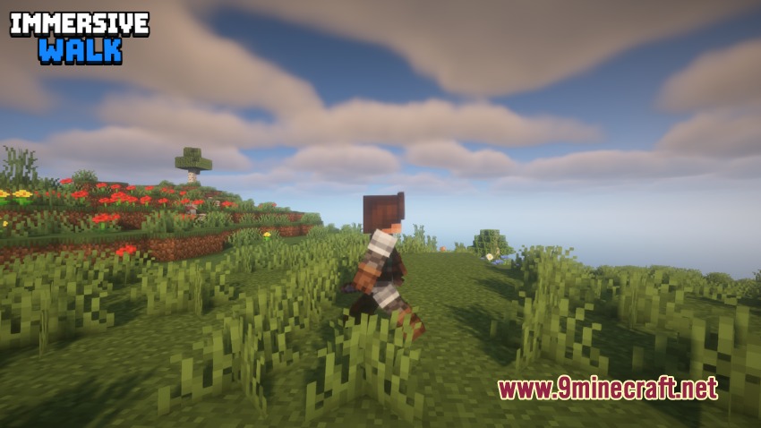 A player character walks through a grassy field under a cloudy sky