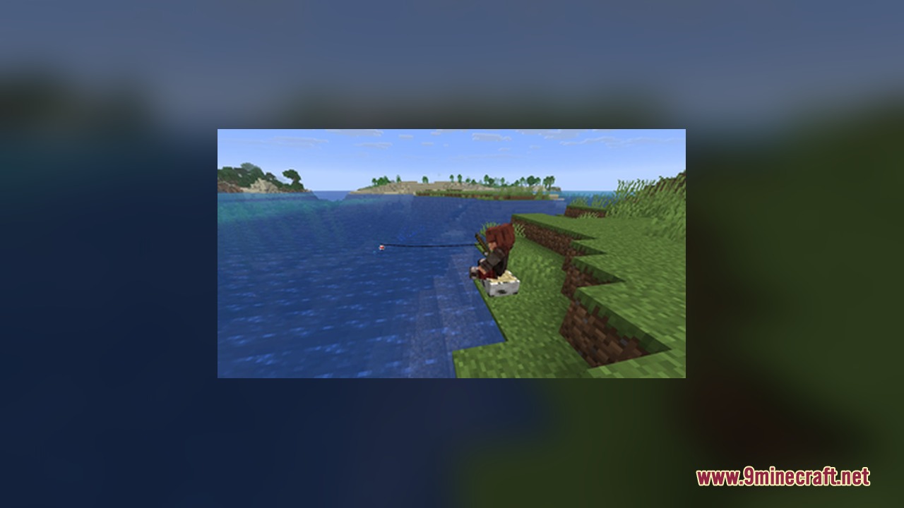 Stump Mod Screenshot 1 A player sitting on a stump while fishing in a large lake