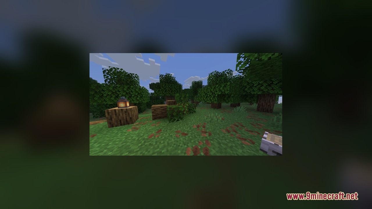 Stump Mod Screenshot 2 Decorative wooden stumps and a lantern placed on the forest floor