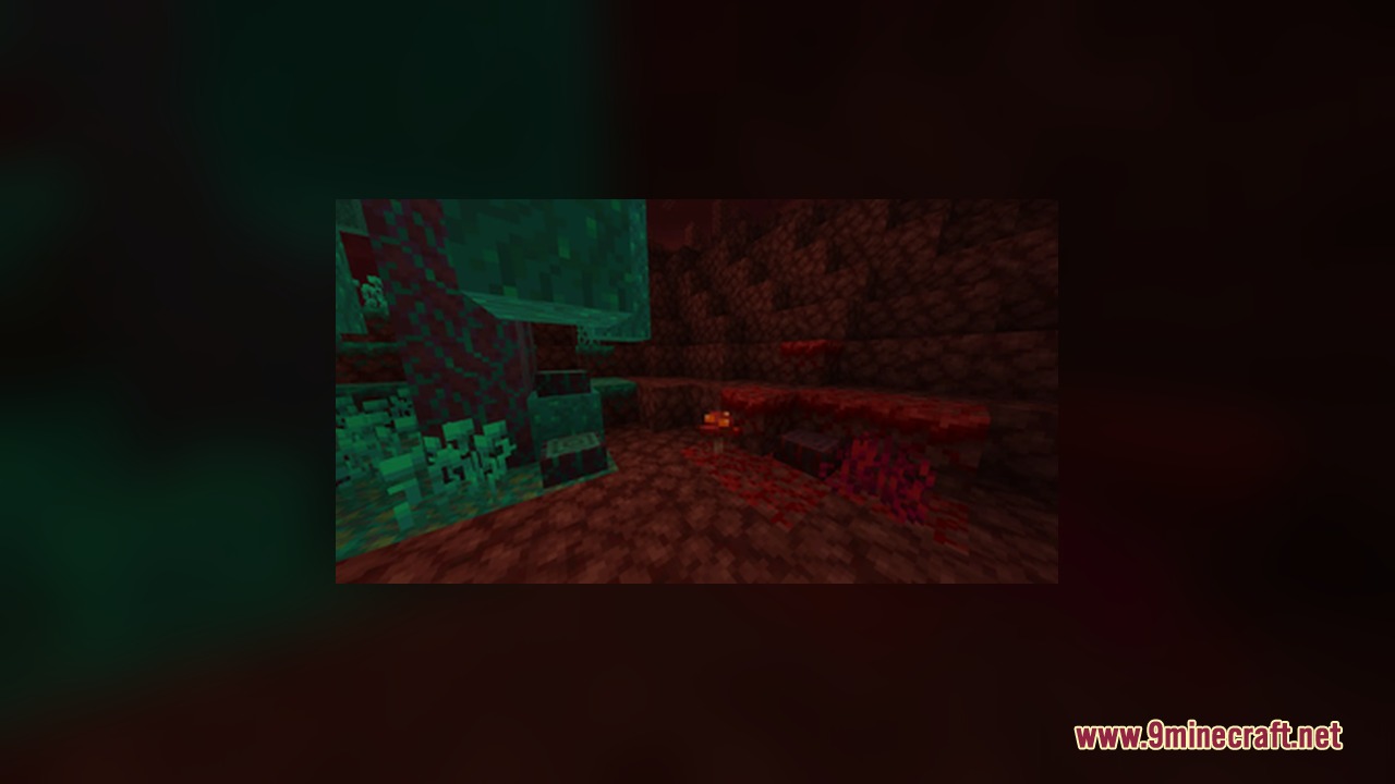 Stump Mod Screenshot 3 Decorative fungal stumps placed on netherrack in a dark warped forest