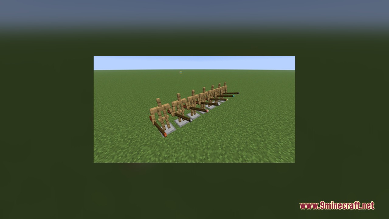 A row of armor stands holding pool cues in a flat world