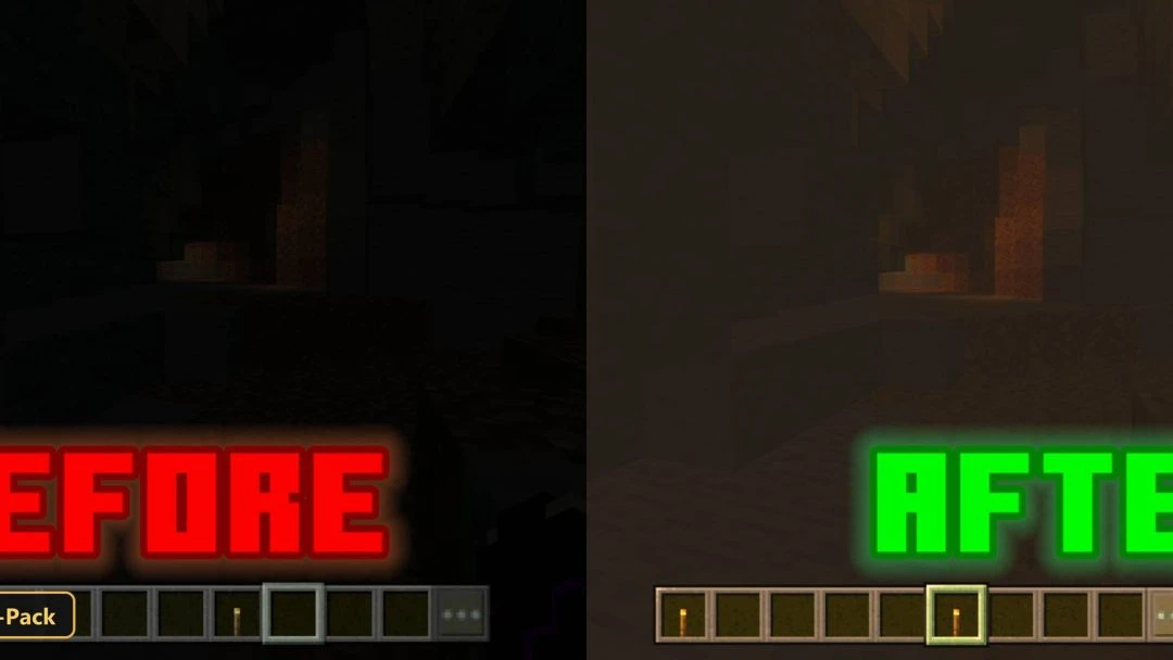 dark cave before and after light enhancement, glowing lava blocks