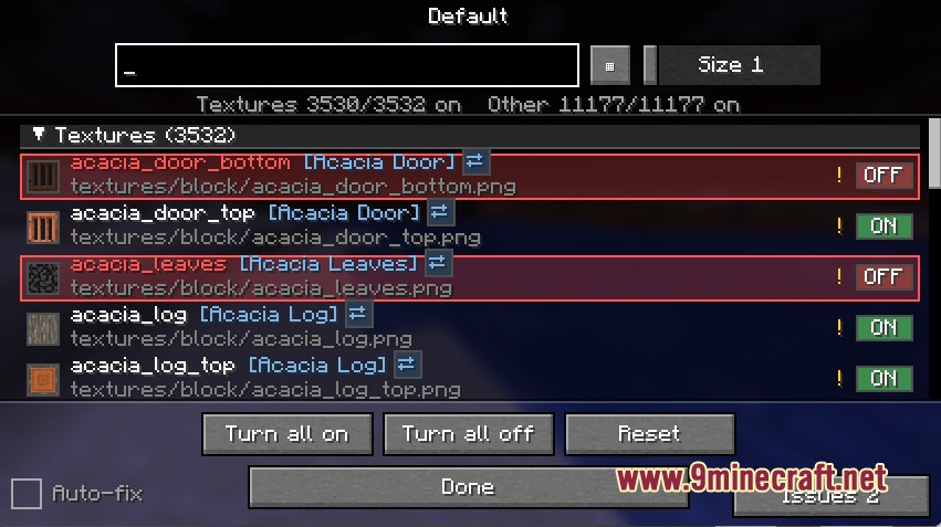 Surface Detailer Mod Screenshot 2 A list of texture files with on and off toggle switches