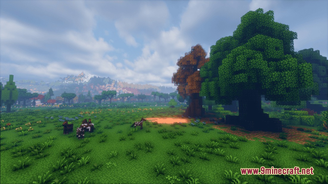 Surging Ethereal Peaks Mod Screenshot 3 Horses grazing in a lush green meadow with large custom trees and mountains
