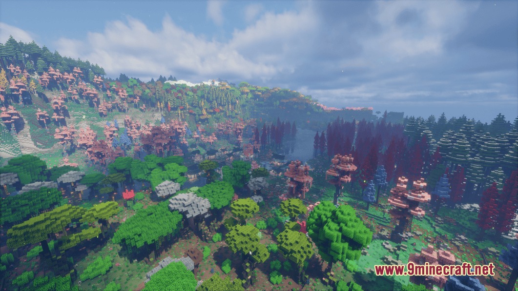 Surging Ethereal Peaks Mod Screenshot 4 Aerial view of colorful forest biomes with steep cliffs and deep river valleys