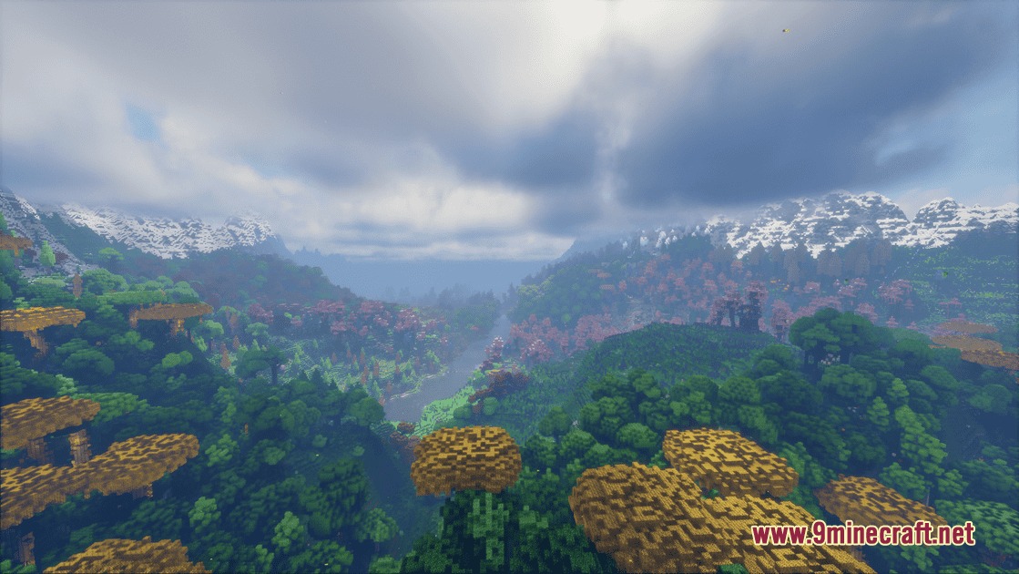 Surging Ethereal Peaks Mod Screenshot 6 Scenic river valley view surrounded by towering snowy mountains and dense magical forests
