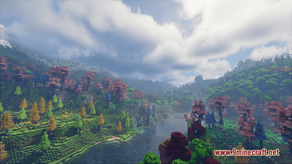 Surging Ethereal Peaks Mod Screenshot 7 Massive mountain ranges and deep valleys with colorful trees in the Dreamwoods dimension