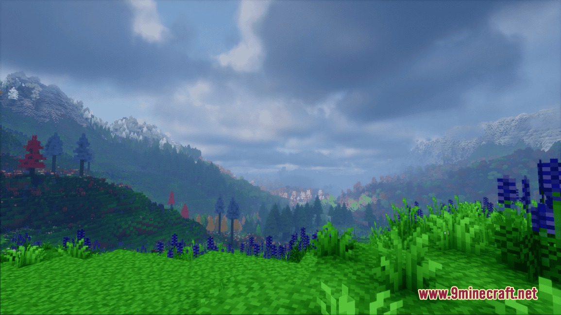 Surging Ethereal Peaks Mod Screenshot 8 Vibrant landscape featuring blue flowers and steep cliffs under a cloudy sky