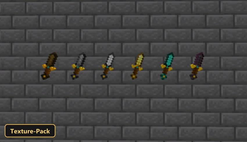 six different colored swords against a grey brick wall
