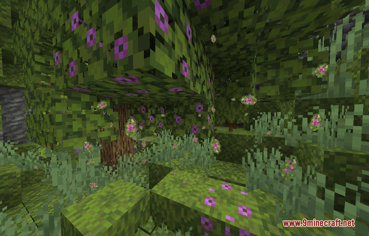 Sylvan Drift Mod Screenshot 1 Pink flower particles falling from azalea leaves in a lush green forest