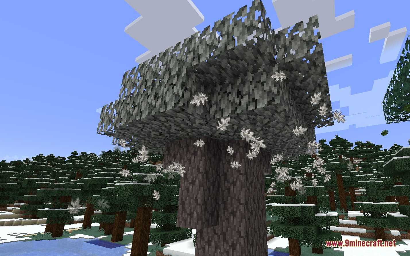 Sylvan Drift Mod Screenshot 3 White needle particles drifting down from a spruce tree in a snowy biome