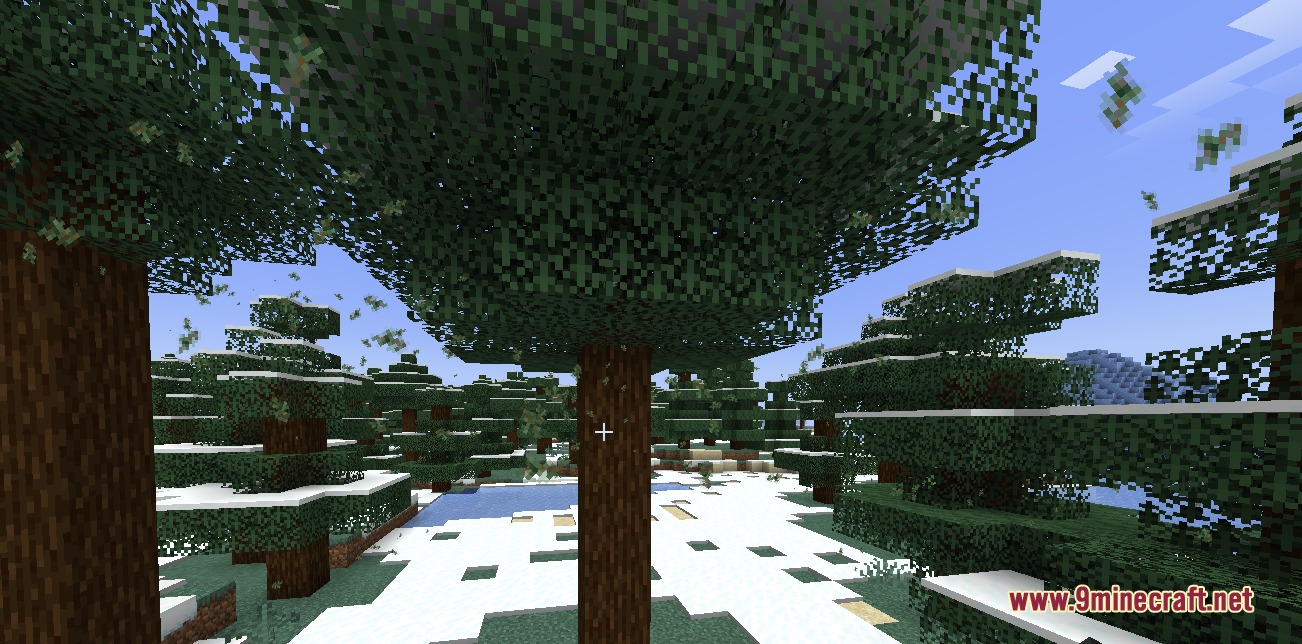 Sylvan Drift Mod Screenshot 8 Green spruce needle particles falling from trees in a snowy winter biome
