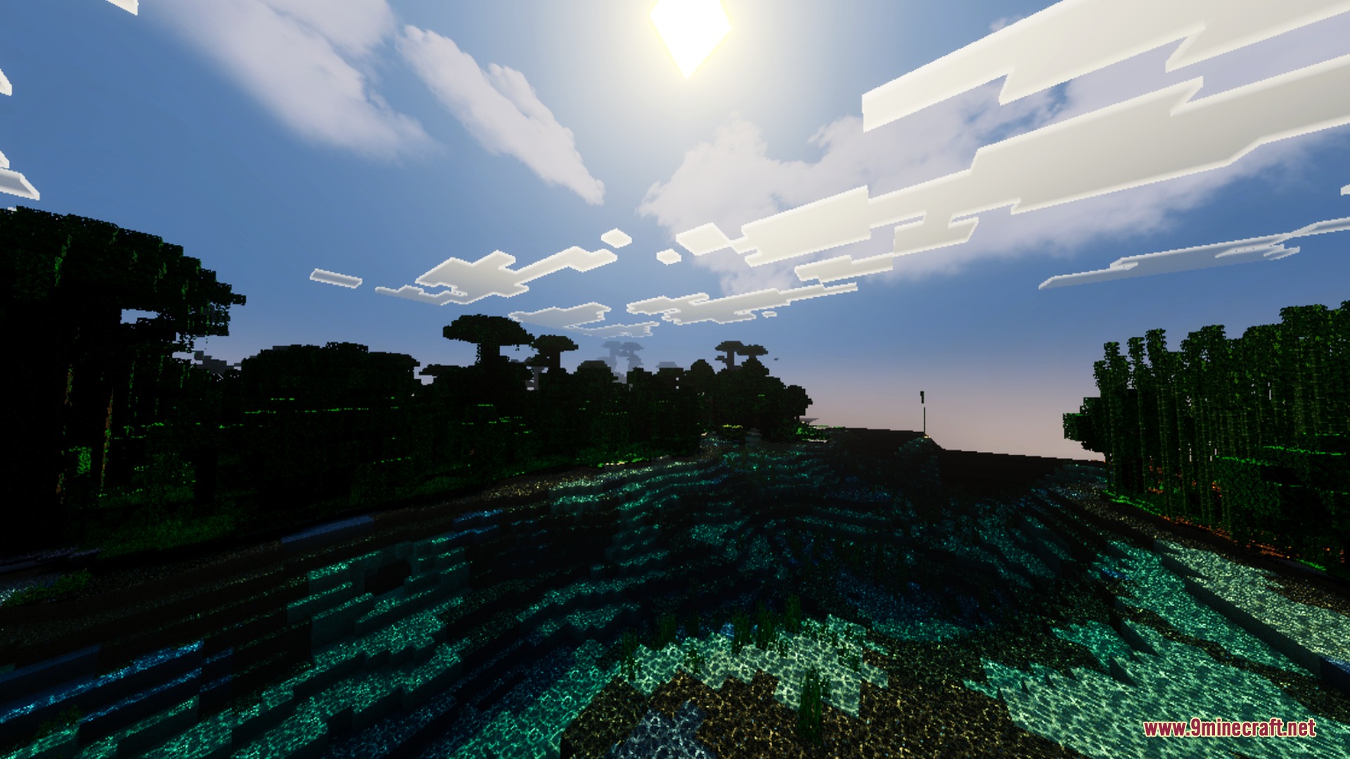 A lush jungle landscape featuring realistic water reflections and an organic sun