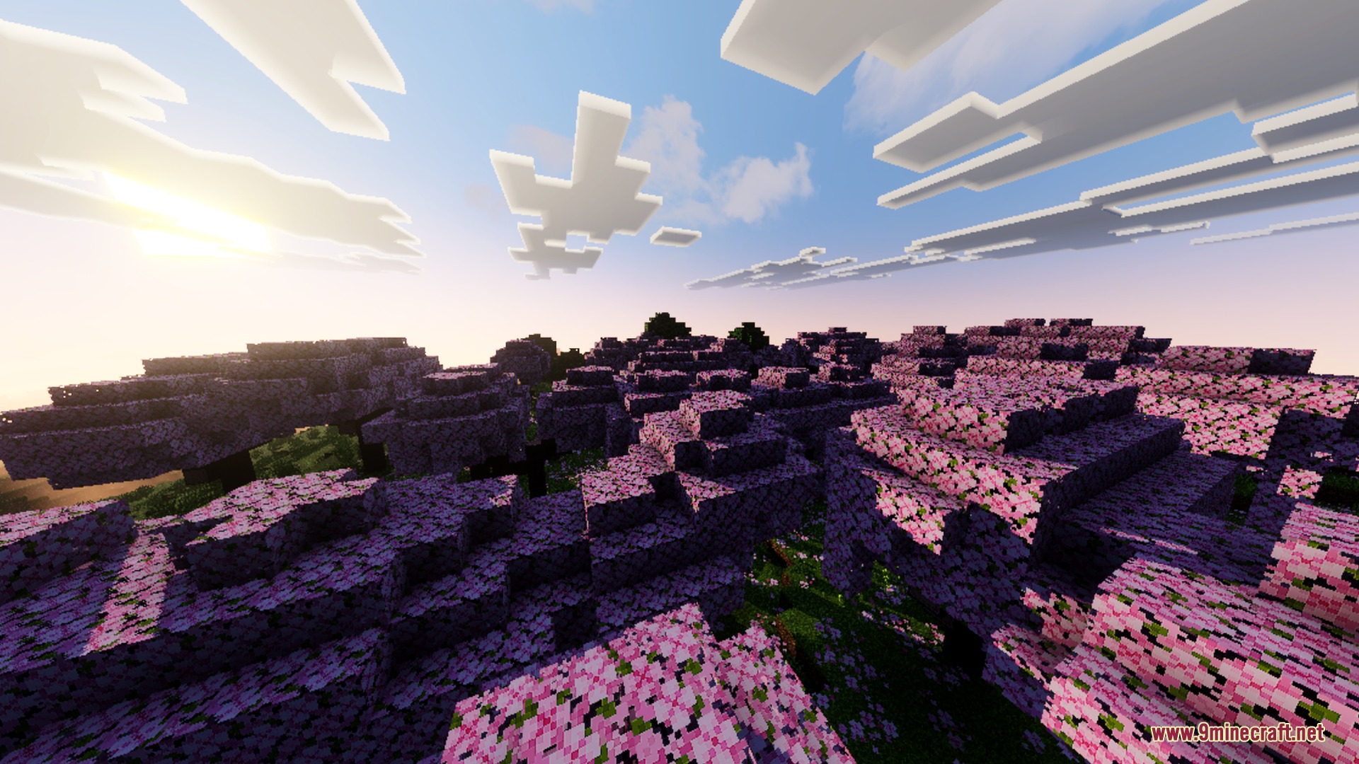 Vibrant pink cherry trees fill the landscape under a glowing organic sun
