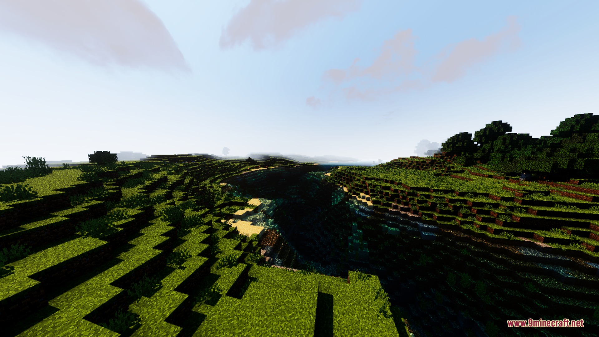 Realistic water reflections in a river flowing through a lush green valley