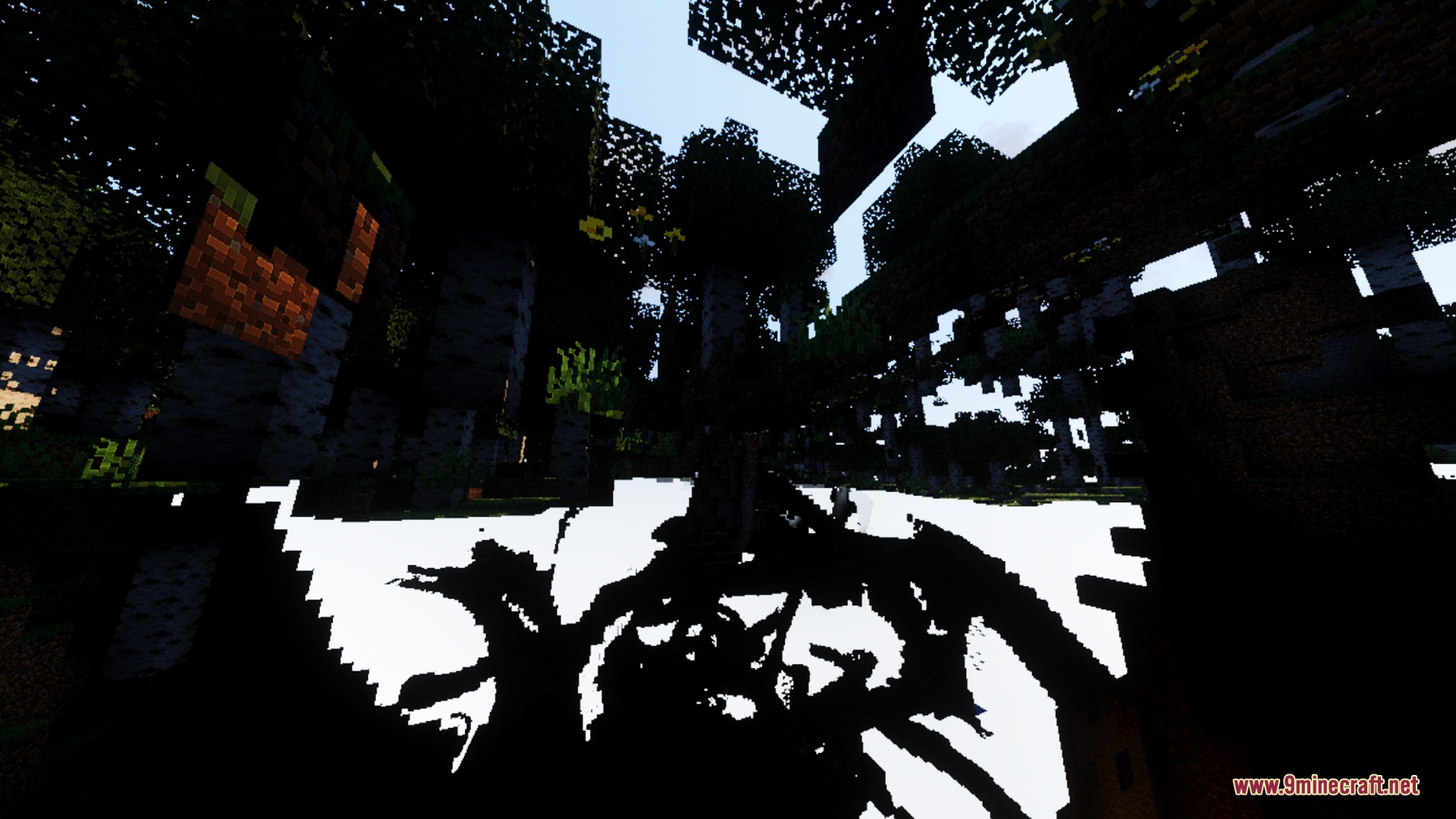 Dramatic lighting effects create silhouettes of trees against a bright white ground