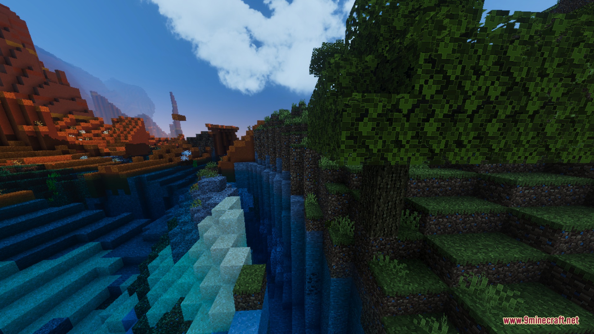 Beautiful river with realistic water reflections next to a red mesa biome