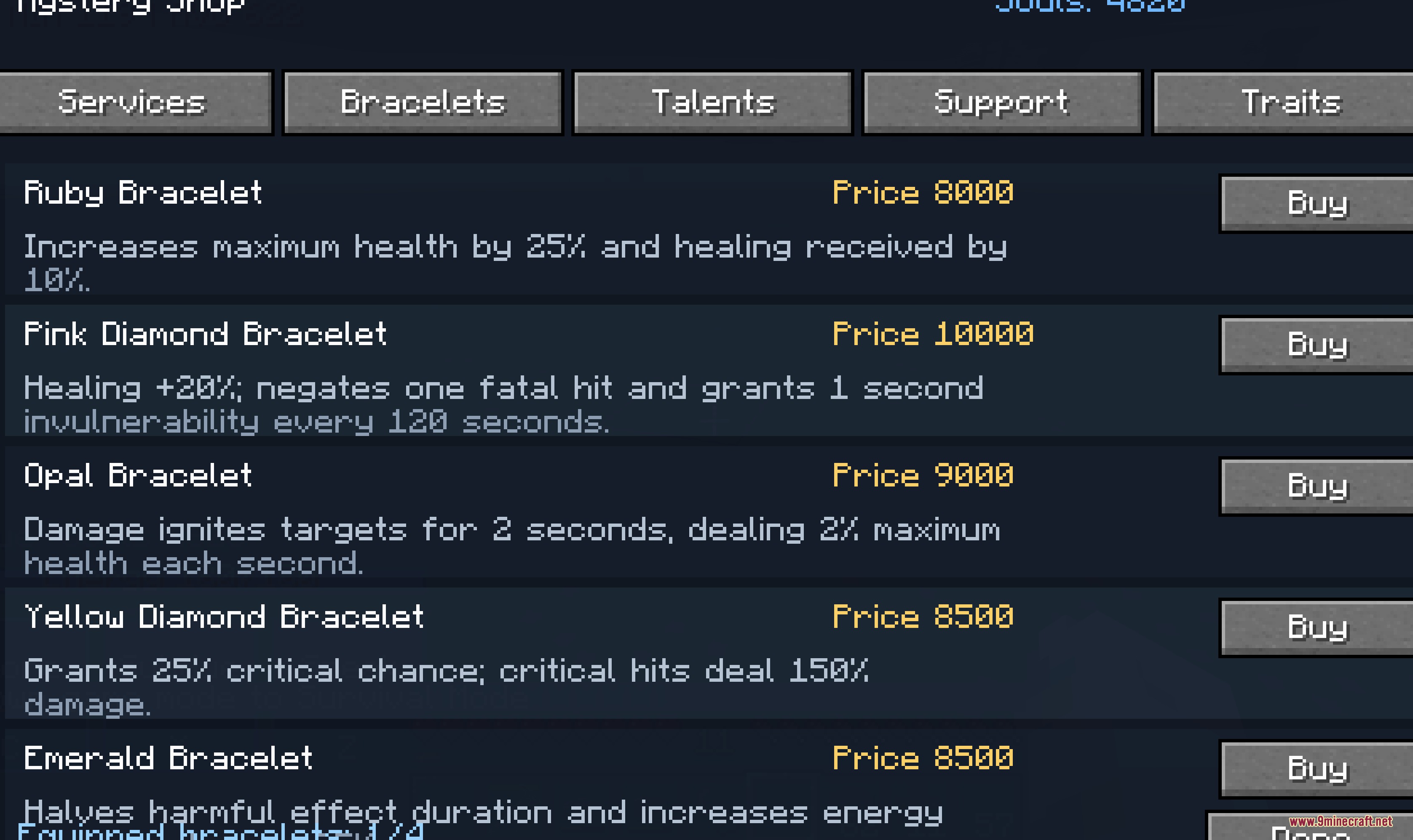 Tactical Vanguard Protocol Mod Screenshot 1 Shop menu displaying various tactical bracelets with unique combat effects and prices