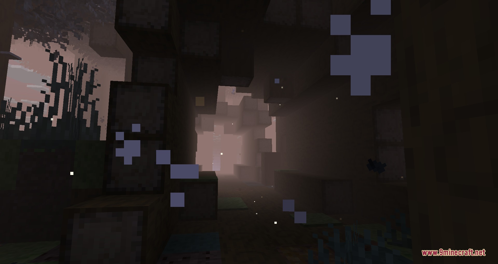 Tainted Timber Trails Mod Screenshot 1 A dark and misty forest path with floating fairy particles in Minecraft