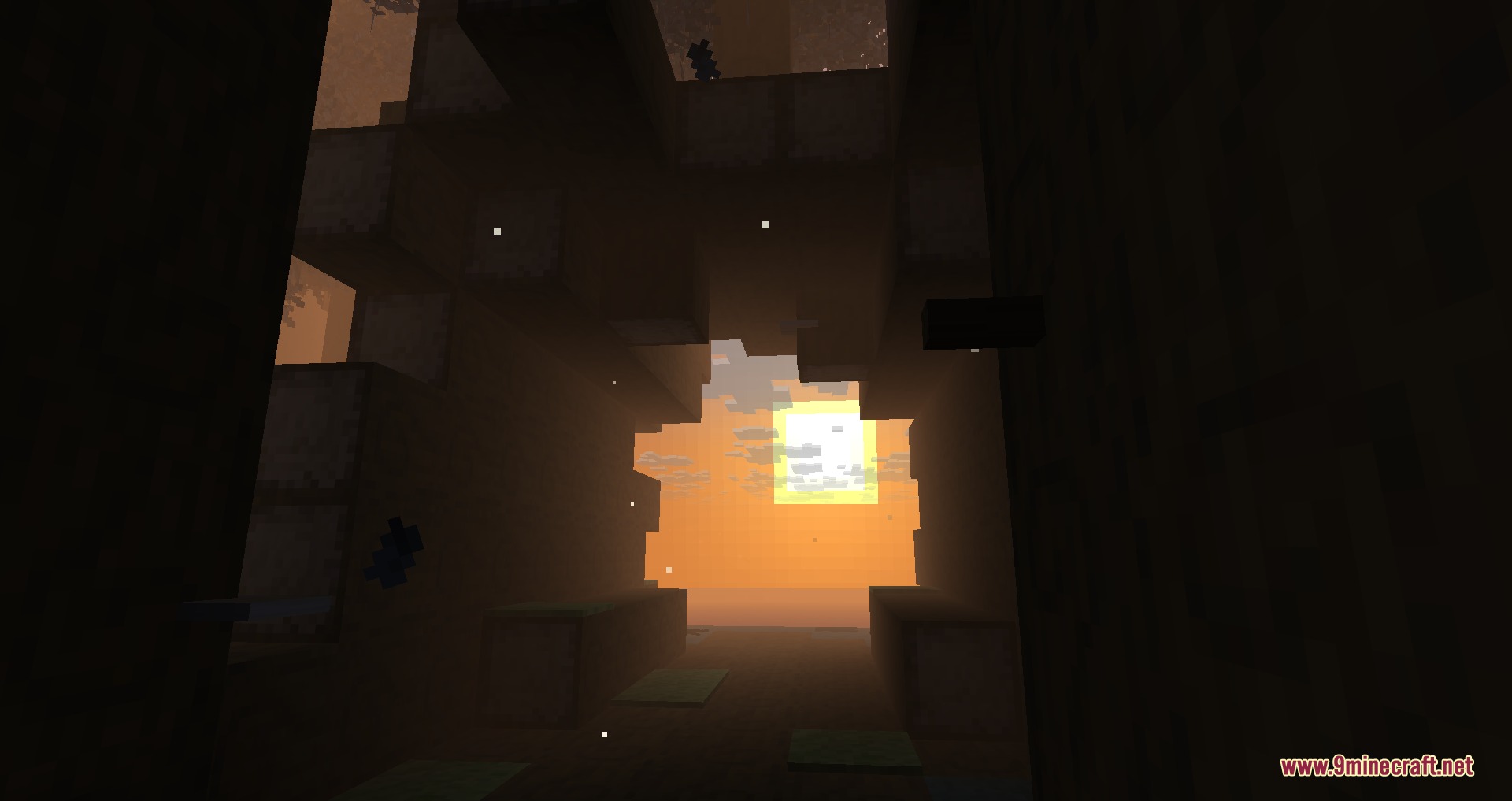 Tainted Timber Trails Mod Screenshot 2 Bright sunlight shining through a foggy opening in a dark blocky forest