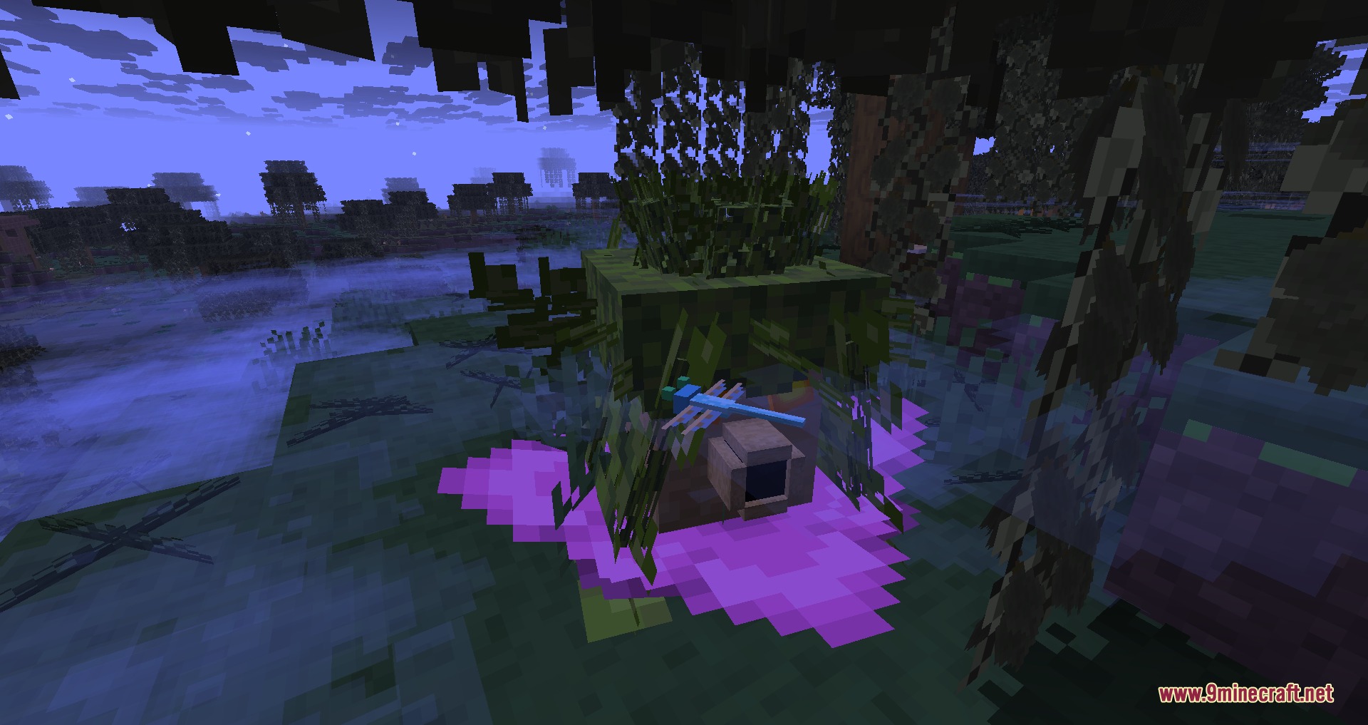 Tainted Timber Trails Mod Screenshot 4 A blue dragonfly flies near a Deku Scrub in the misty night swamp