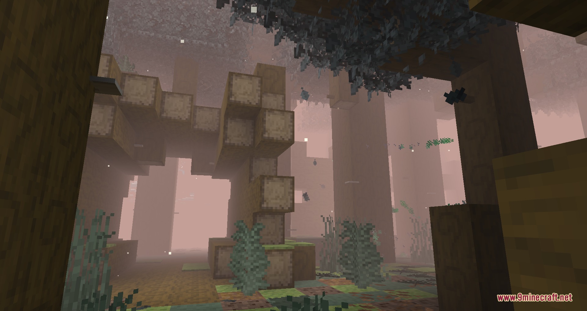 Tainted Timber Trails Mod Screenshot 7 Thick fog and fairy particles surround massive tree trunks in the forest