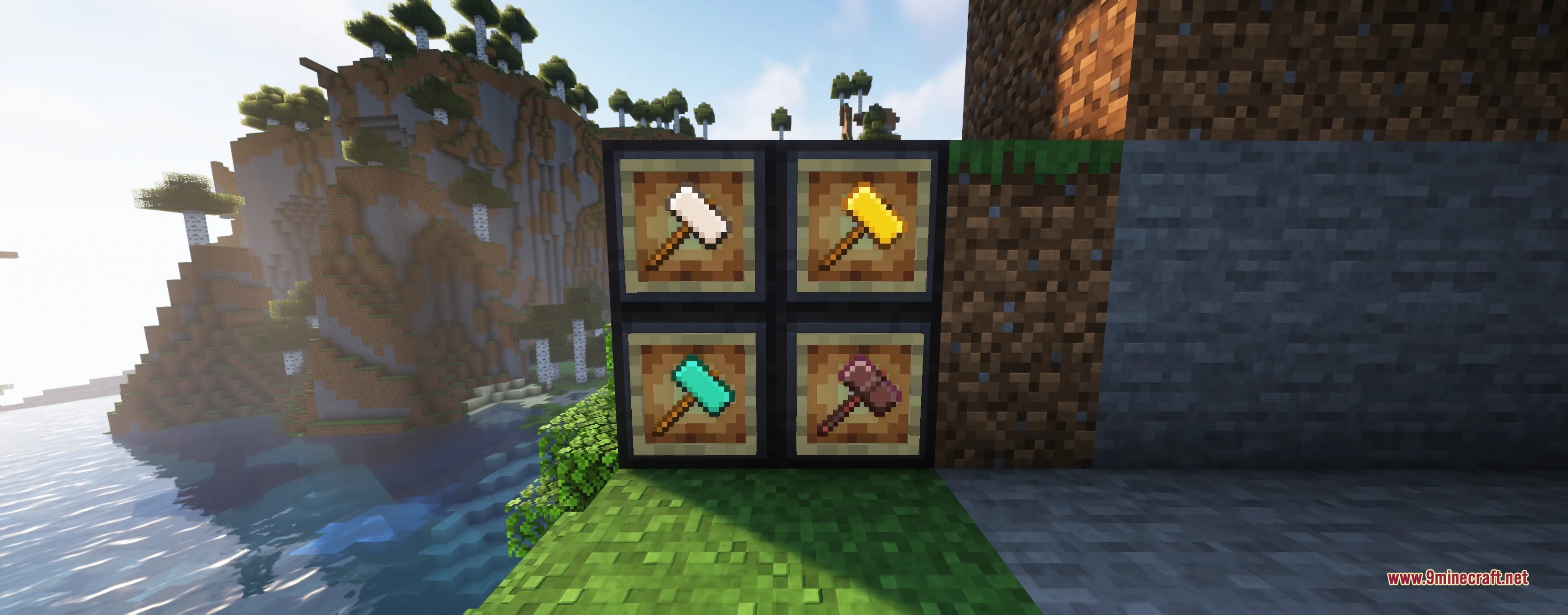 Tectonic Widebore Data Pack Screenshot 1 Four types of hammers in item frames against a scenic mountain background