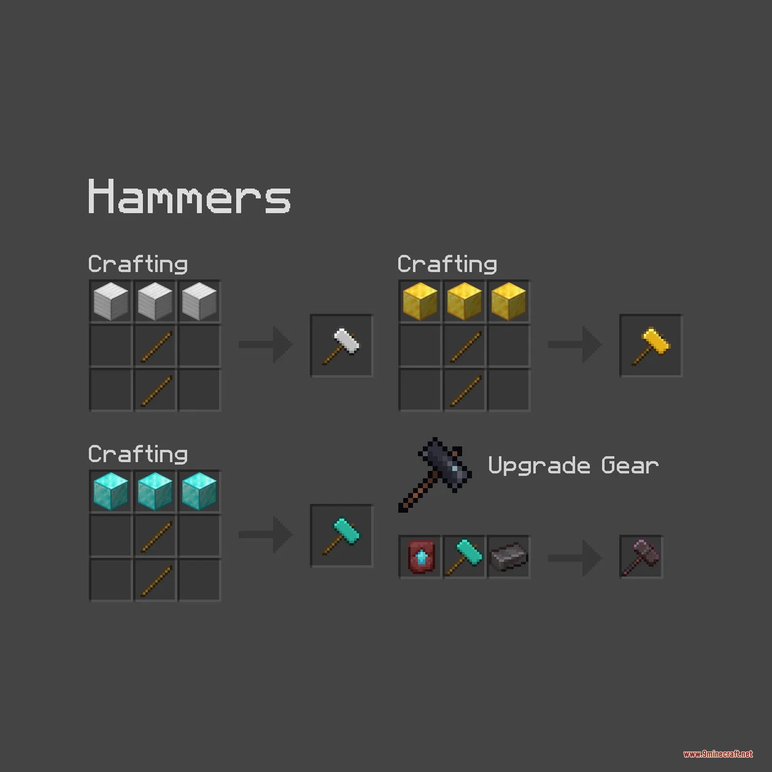 Tectonic Widebore Data Pack Screenshot 6 Crafting recipes for Tectonic Widebore hammers including iron gold diamond and netherite tiers