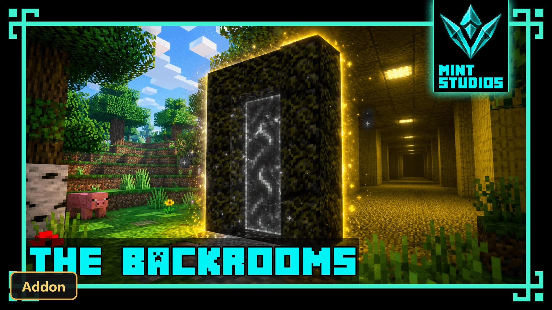 a glowing portal in a forest, a pig, and a dark hallway