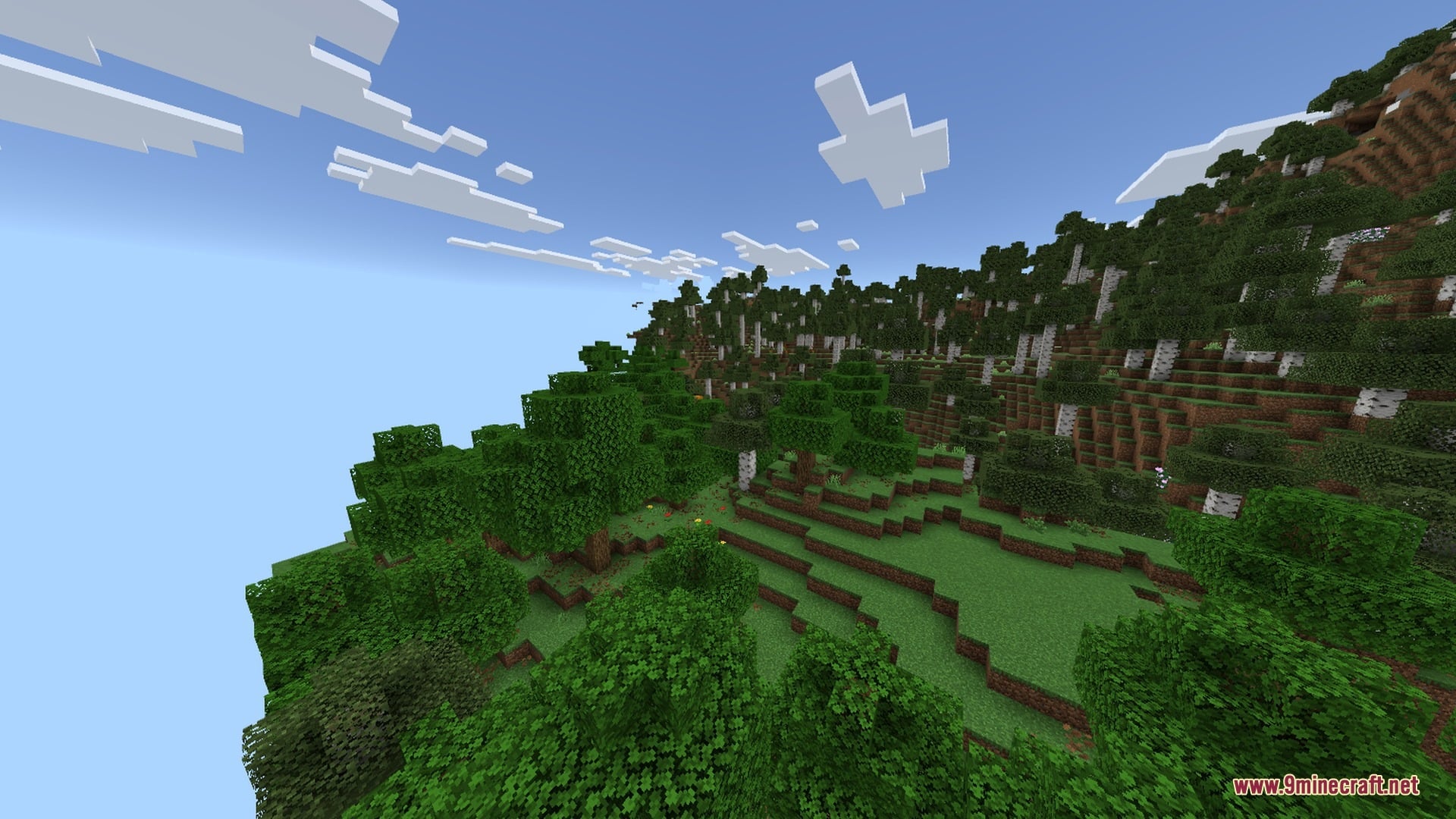The Bodyguard Golem Shader Screenshot 2 Lush green forest biome on a floating island with white clouds above