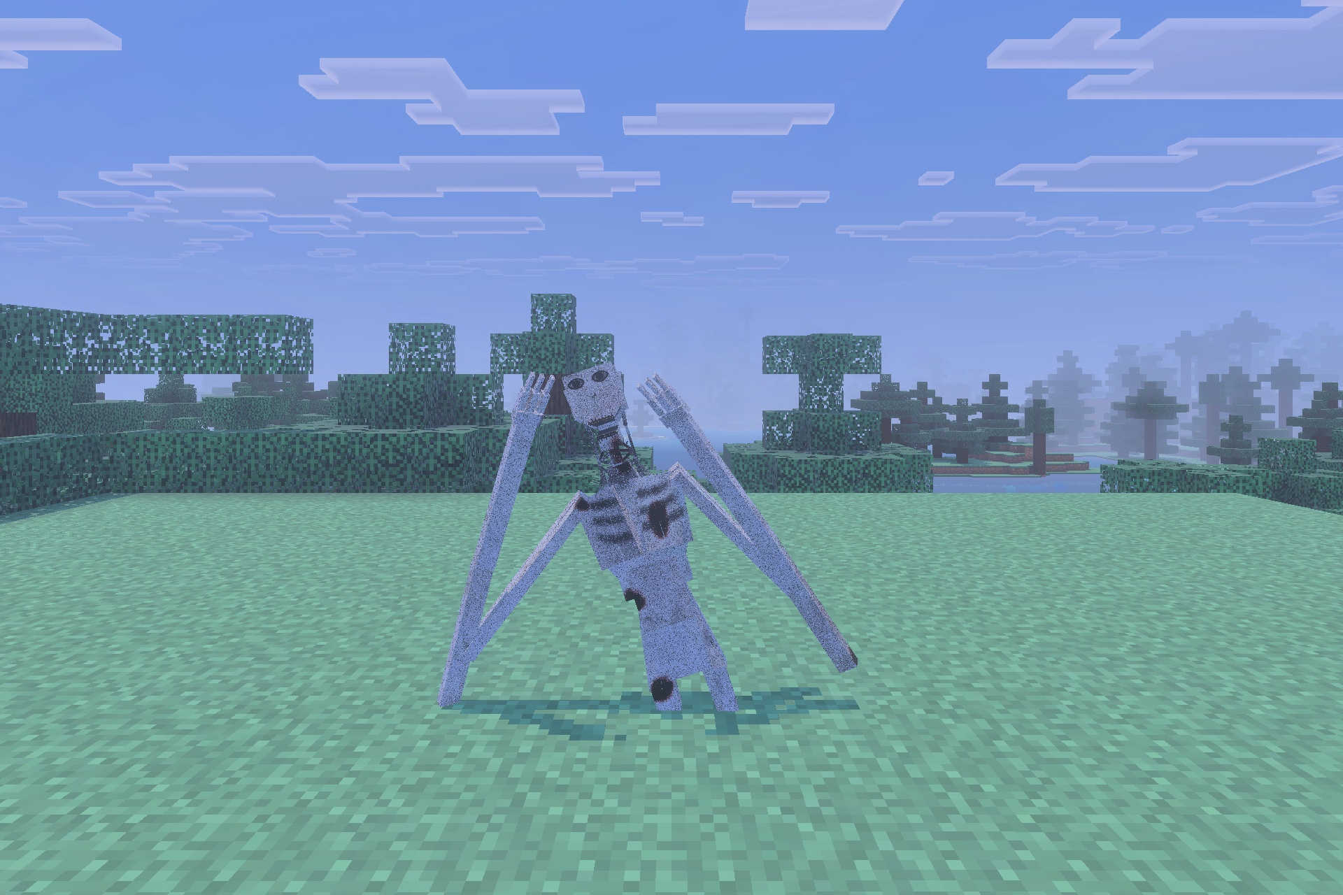 The Boy in the Bath Addon Screenshot 2 Creepy grey stalker entity crawling on the grass in a Minecraft world