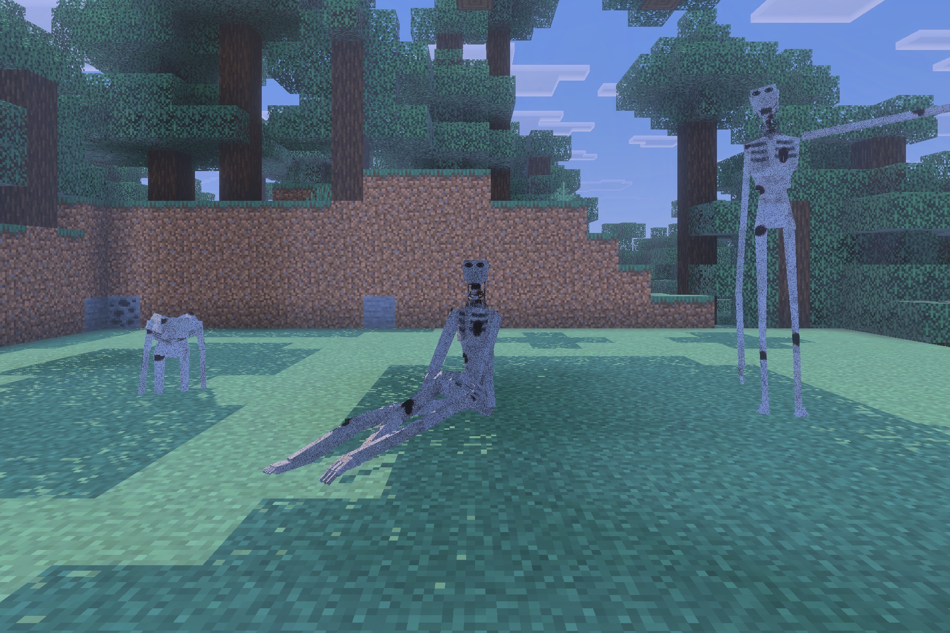 The Boy in the Bath Addon Screenshot 4 Three creepy grey entities with long limbs gather in a forest clearing