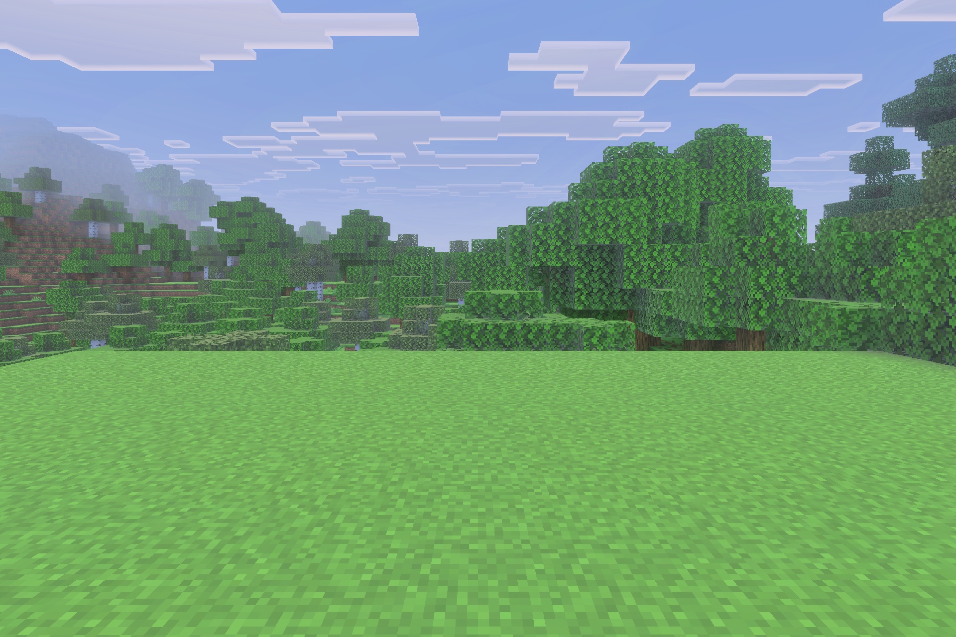 The Boy in the Bath Addon Screenshot 5 A wide green field in Minecraft with a dense forest in the background