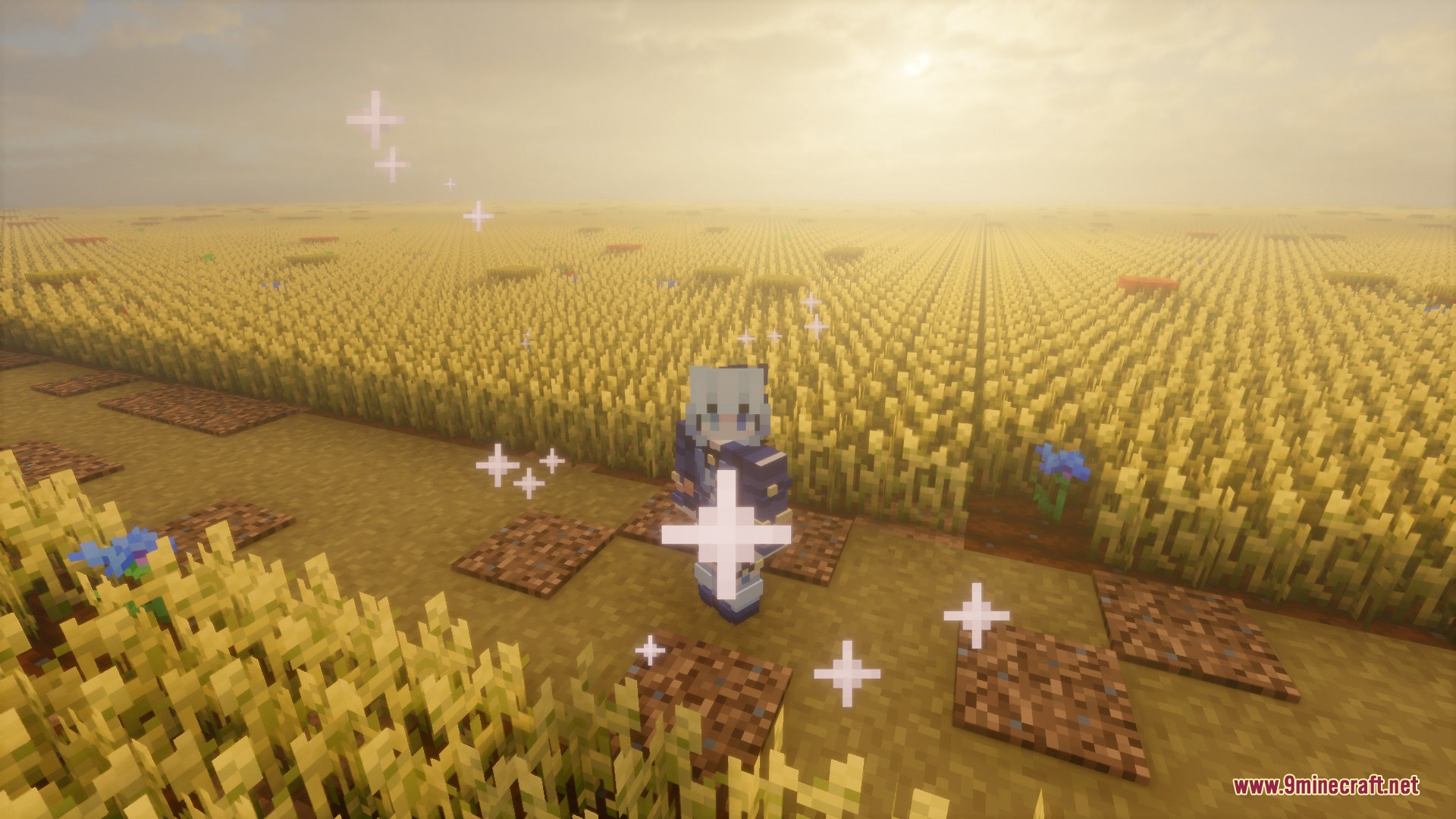 The Chronicled Rot Mod Screenshot 1 A Minecraft character standing in a golden wheat field with white sparkling particles