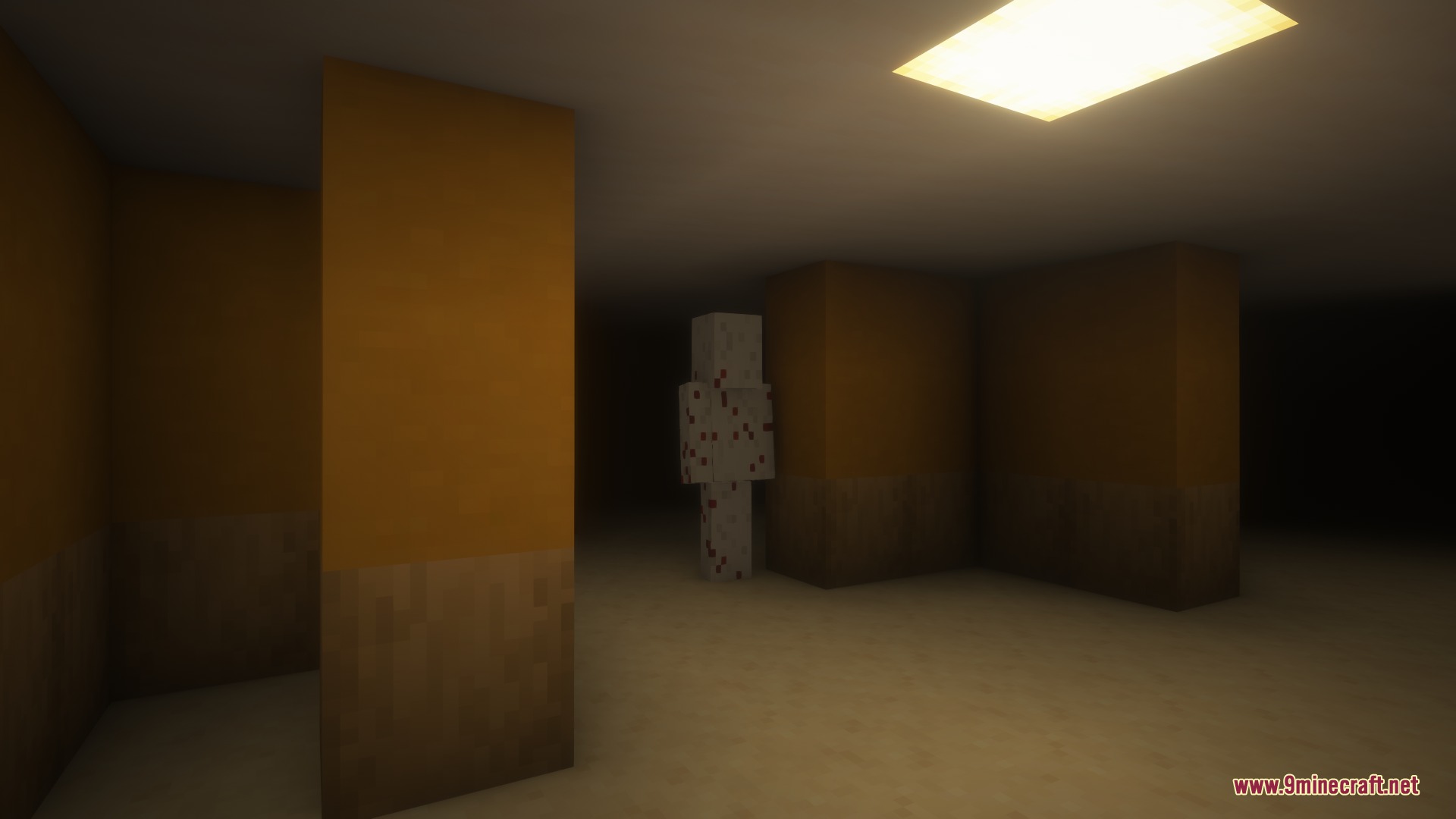 The Chronicled Rot Mod Screenshot 4 A creepy white entity stands in a dark yellow hallway of liminal spaces