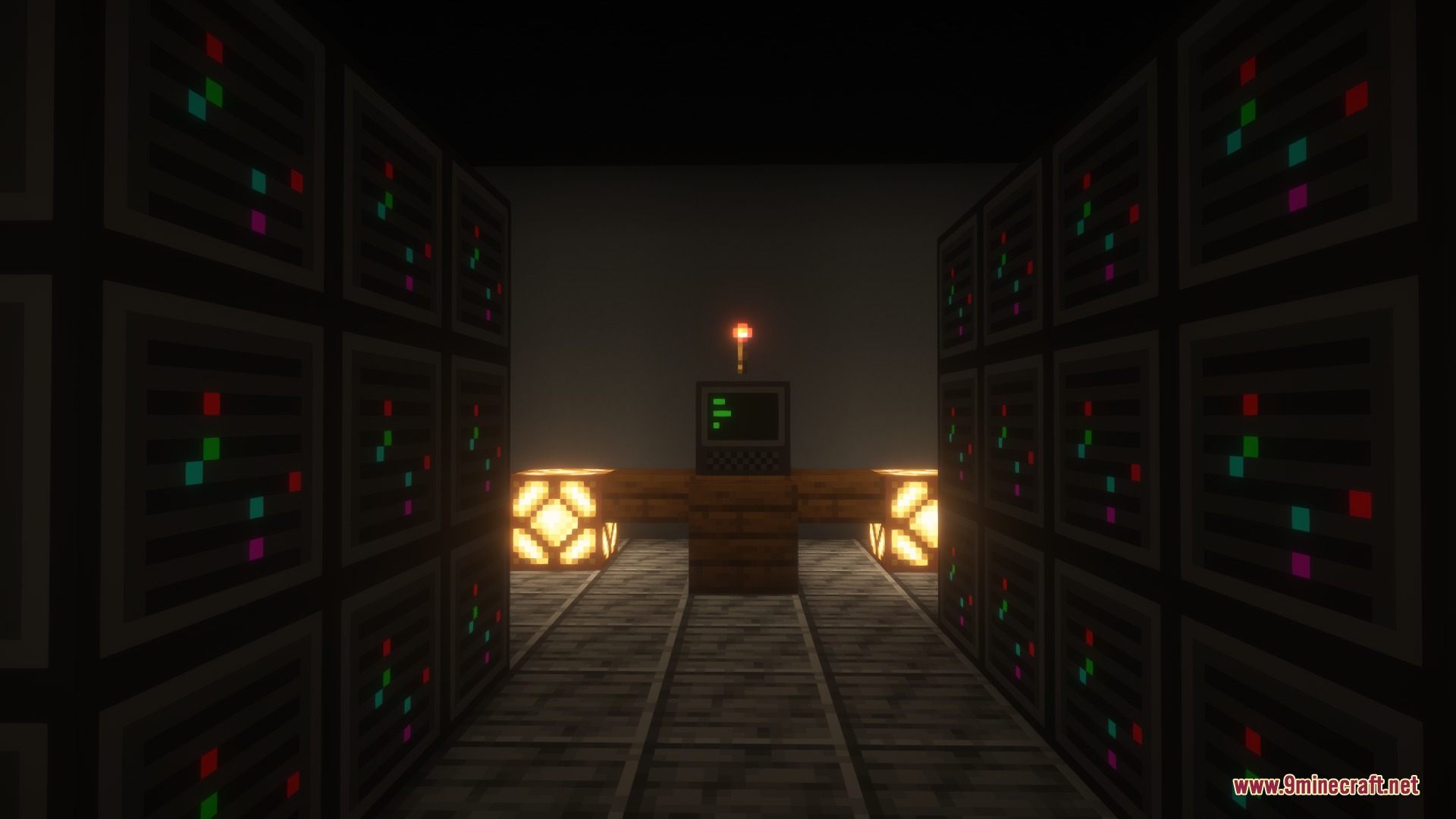 The Chronicled Rot Mod Screenshot 5 A dark server room with a computer terminal and a redstone torch