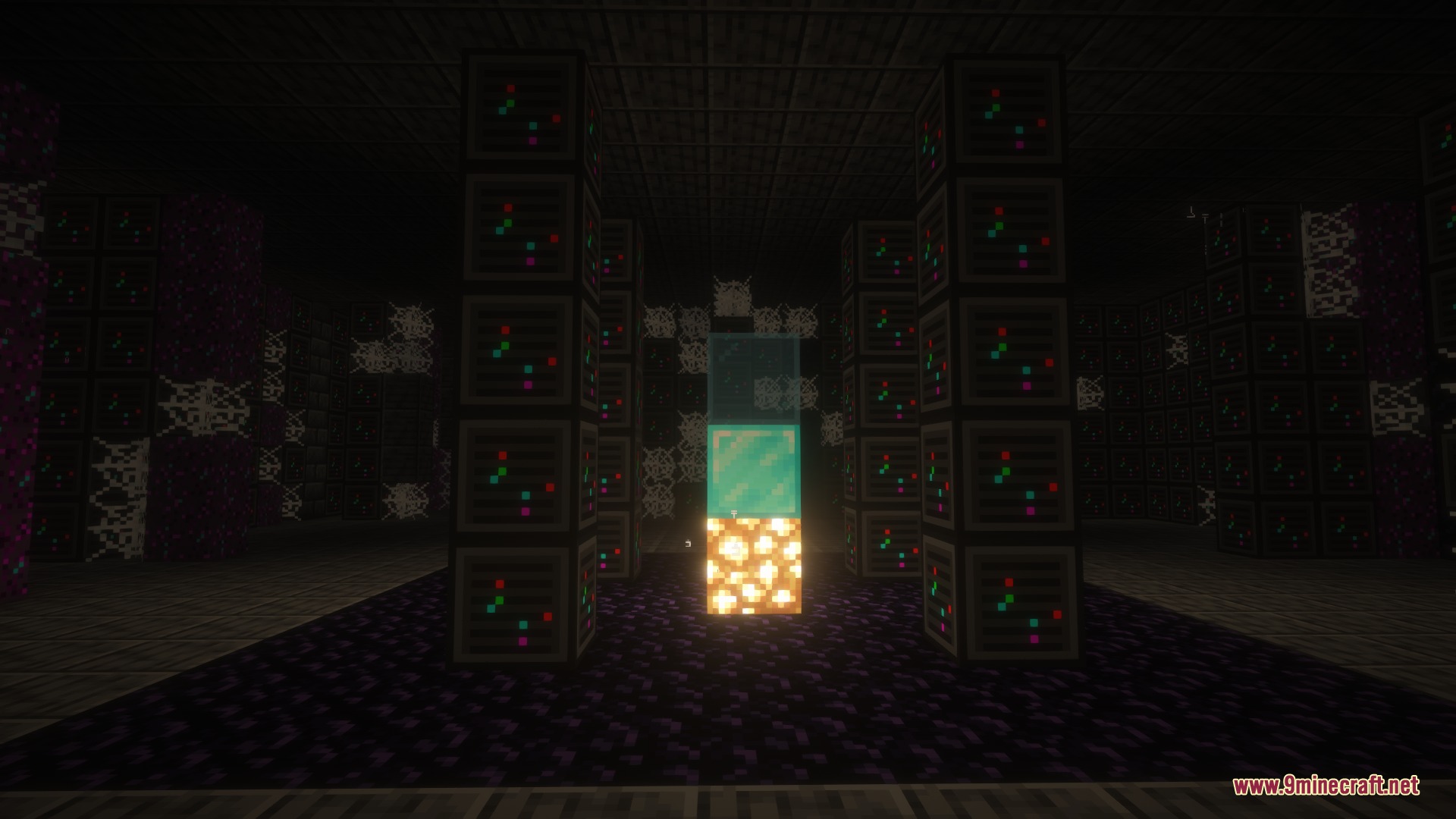 The Chronicled Rot Mod Screenshot 8 Tall server pillars and cobwebs surround a glowing column in a dark room