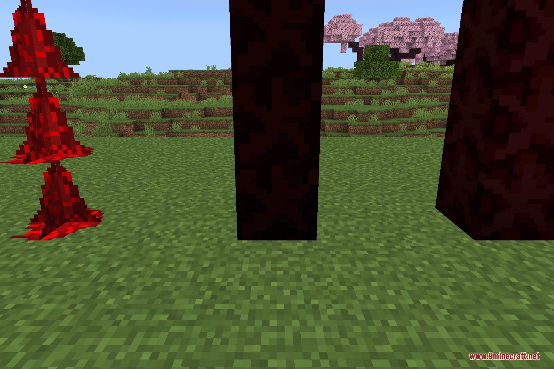 Red parasitic growth and dark corrupted pillars with cherry blossom trees in background