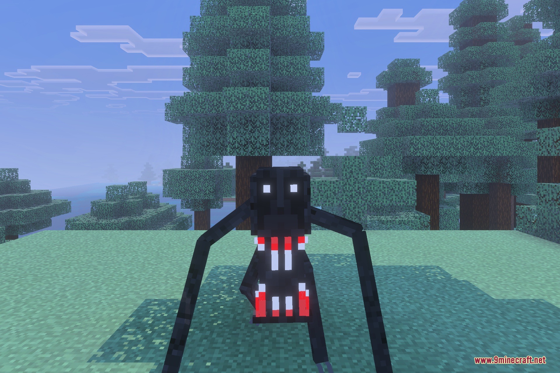 The Fogwalker Addon Screenshot 1 A tall black stalker entity with white eyes standing in the forest