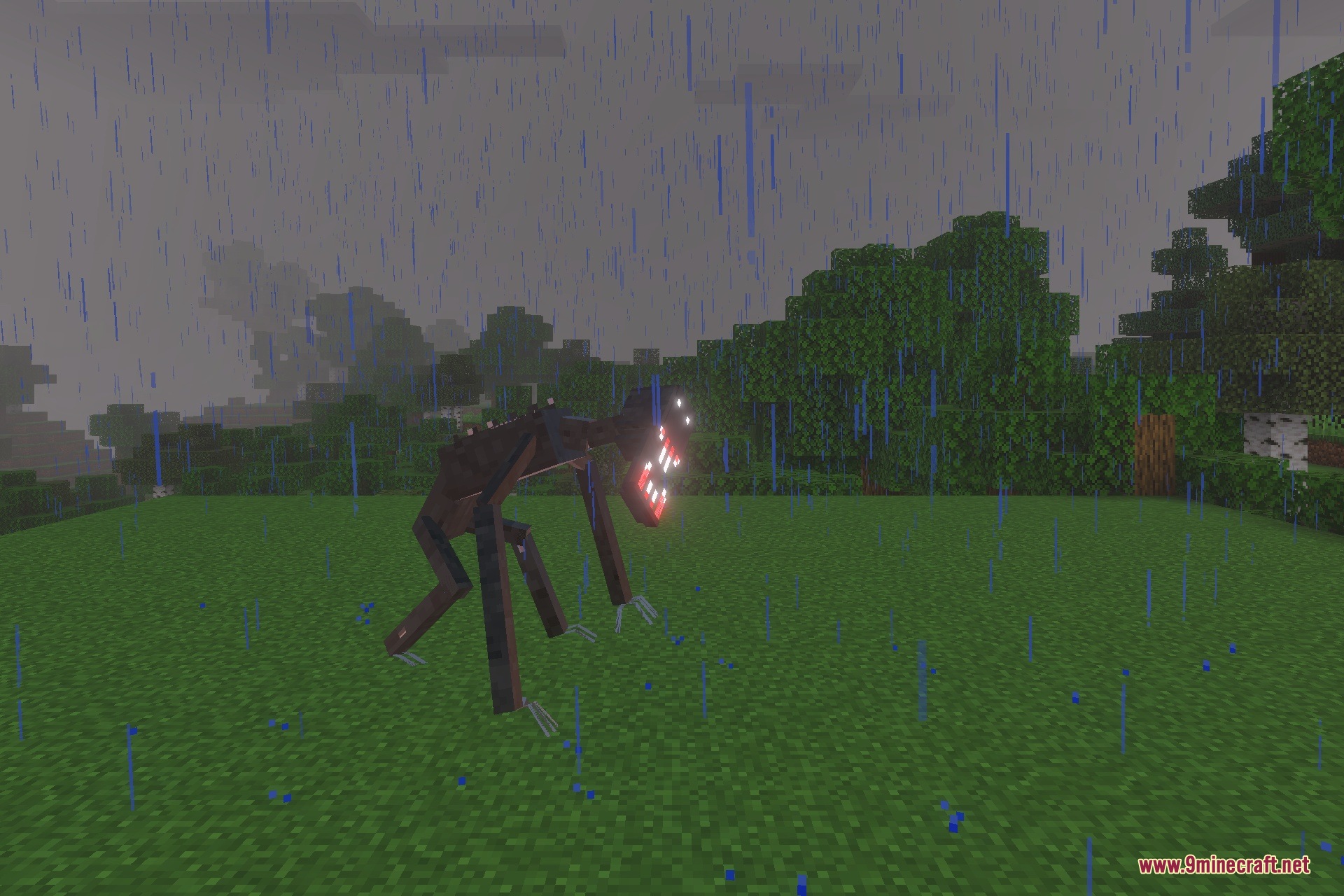 The Fogwalker Addon Screenshot 5 A dark spindly monster with glowing eyes stands in a rainy field