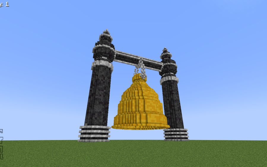 The Golden Bell Tower Schematic Screenshots 2 A low angle view of the giant golden bell hanging from stone pillars