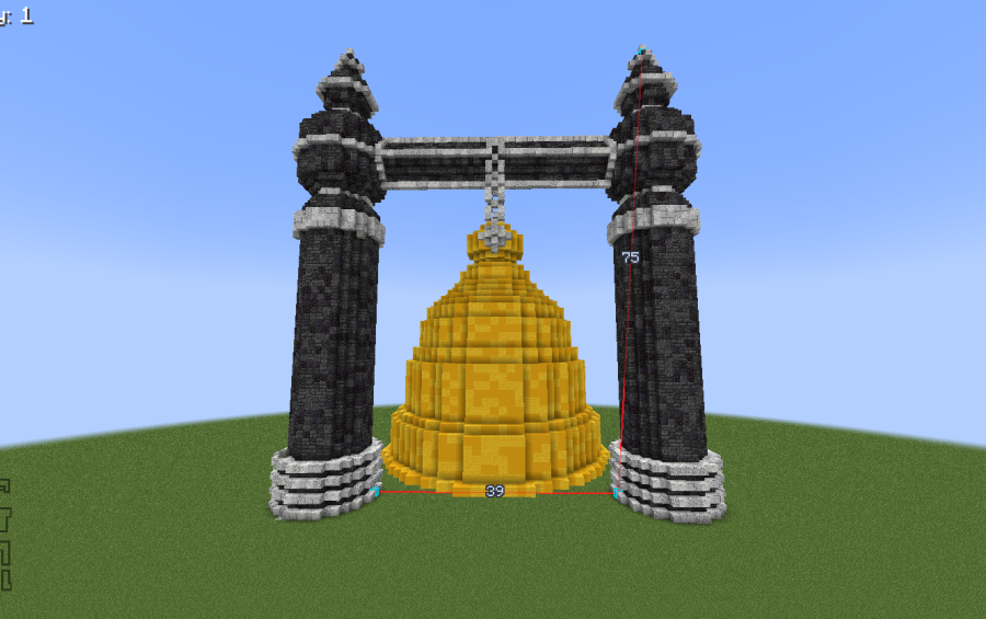 The Golden Bell Tower Schematic Screenshots 3 A massive golden bell hanging between two tall dark stone towers in Minecraft